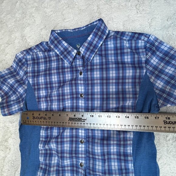 Kuhl Women's Medium Suono Button Front Shirt Plaid Short Sleeve Top Blue Casual - Picture 8 of 9